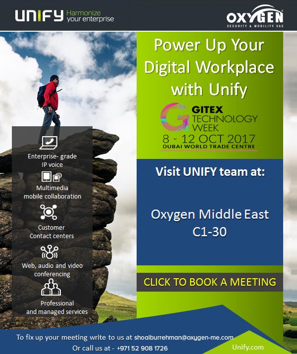 Meet @UnifyCo at @GITEXTechWeek 2017 <a href="/DubaiWorldTrade/">DubaiWorldTradeCntr</a> booth no. C1-30. Schedule your appointments through this link: lnkd.in/fxS-8cr
