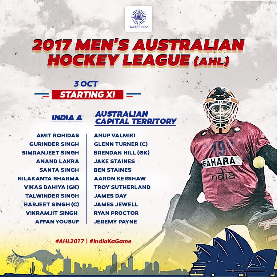 TheHockeyIndia's tweet photo. The playing XIs of the India A Men’s Team and the Australian Capital Territory are in!
#AHL2017 #IndiaKaGame🏑 https://t.co/xq5ClWVb9m