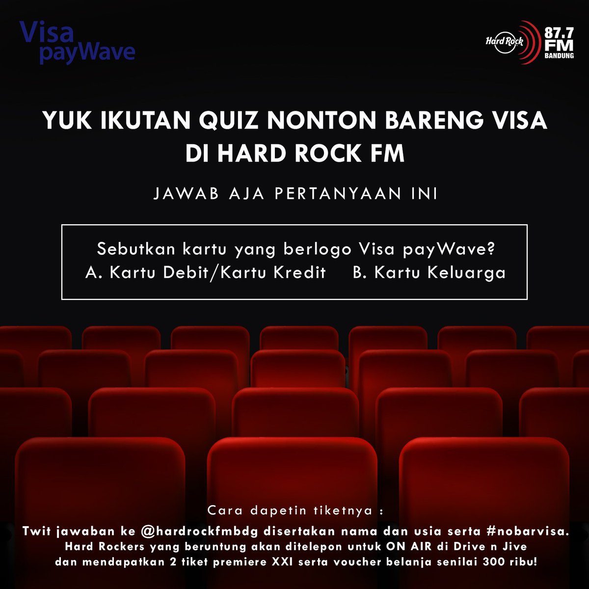TRL_Bandung's tweet photo. Menangin 2 TIKET PREMIERE XXI + Voucher Belanja 300 ribu buat pengguna kartu kredit /debit Visa! Jawab aja pertanyaan ini ya~ #NobarVISA https://t.co/ZDGwvY2XZH