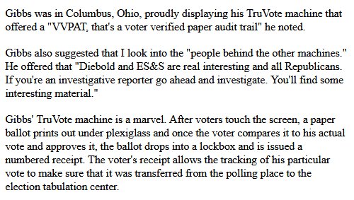 11. Owner of TruVote, which developed EVMs w/ PAPER audit trail & criticized Diebold was run off the road & killed.  http://www.rense.com/general50/acci.htm