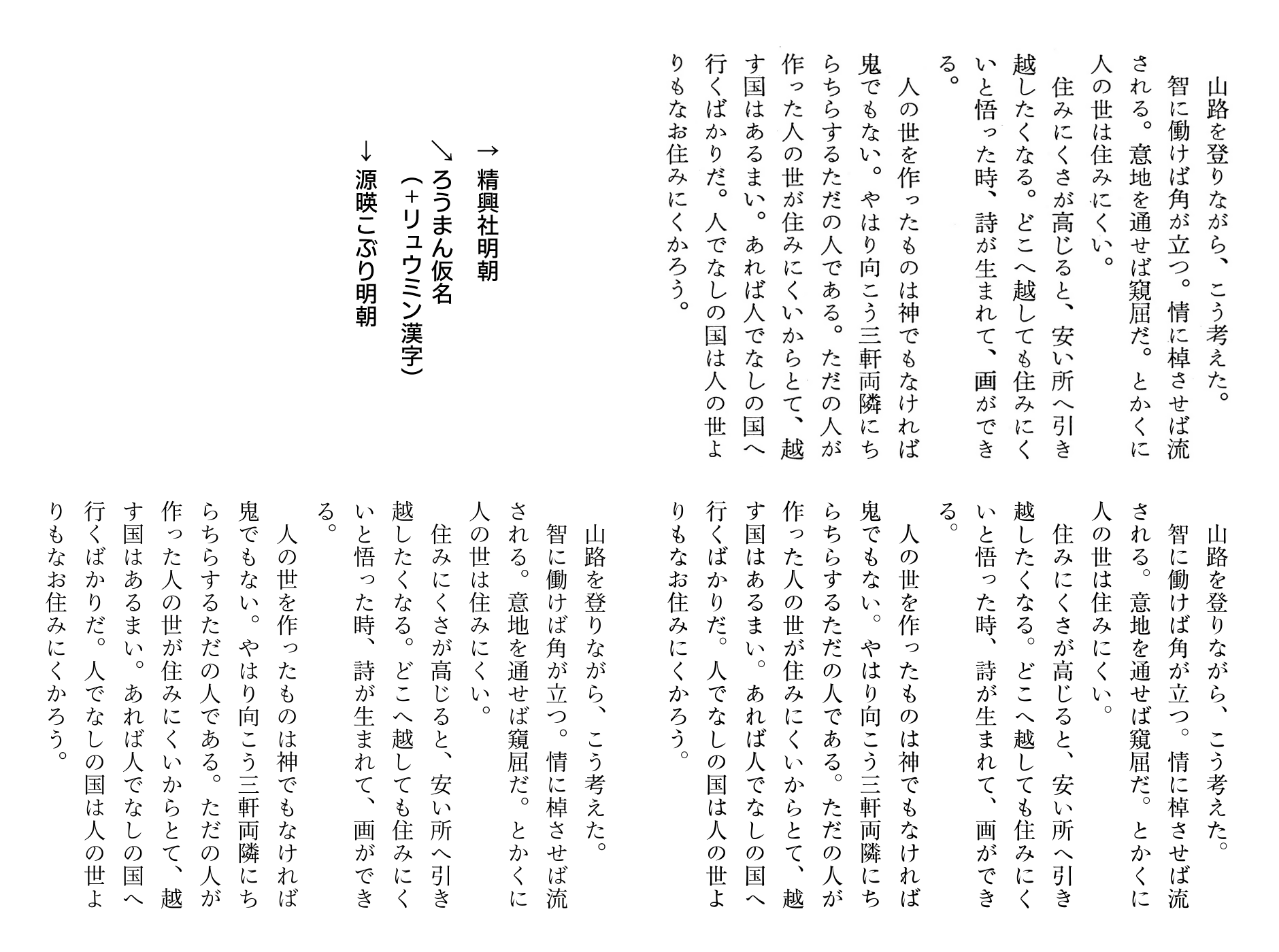 おたもん ちなみに精興社明朝と ろうまん仮名 R リュウミン R 漢字 を上下に並べてみたもの あとダイマのために源暎こぶり明朝も 別にそっくりと言うほどではないけれど 活字的な雰囲気が欲しいときに ろうまん仮名はピッタリだし 読みやすいのも