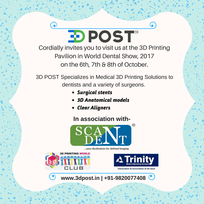 3d_post's tweet image. We will be a part of WDS, 2017. Come meet us at the 3D Printing pavilion and see our work in digital dentistry on the 6-7-8th of October.