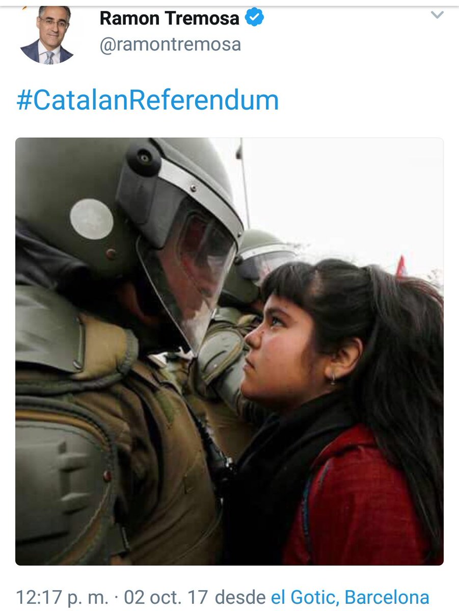josefajram's tweet photo. No acabo de entender el motivo por el cual @ramontremosa , eurodiputado de Pdcat, tuitea un foto de la policía chilena https://t.co/9VUPntWk6Y