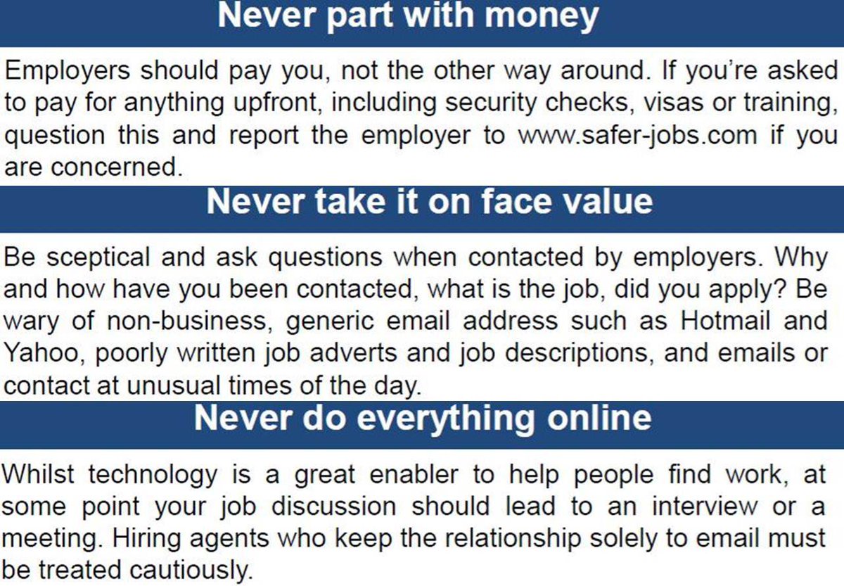 findajobsupport's tweet photo. Take a look at these 3 tips from @saferjobs on how to safely search &amp; apply for jobs online. #TopTipsTues #UJtips https://t.co/ujGJp9JsOJ