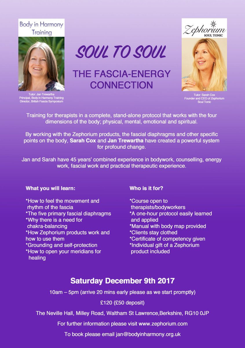 The Fascia-Energy Connection: a joint training by Jan Trewartha with Sarah Cox of Zephorium Soul Tonics 9 Dec <a href="/Zephoriumoils/">Zephorium Soul Tonic</a> #therapist