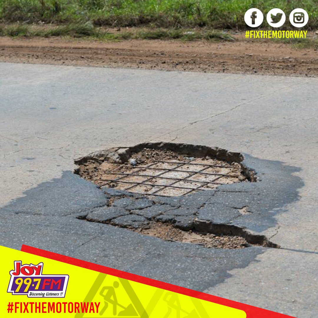 TheIsraelLaryea's tweet photo. Killer pothole on the Accra-Tema MW. Drive over it at 100kmph, you'd get a tyre burst and may not live to tell the story. #FixTheMotorway https://t.co/G3wnXVnvG0