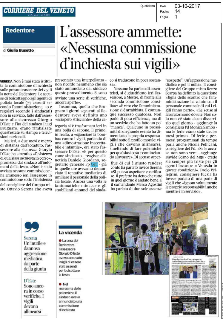 FpCgilVenezia's tweet photo. #Venezia #Redentore2017 @LuigiBrugnaro annunciava commissione inchiesta su presunte assenze vigili. Oggi viene smentito dal suo assessore https://t.co/lhIwYPxwAl
