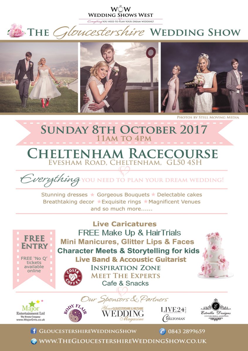 Don't miss the Gloucestershire Wedding Show, <a href="/CheltenhamRaces/">CheltenhamRacecourse</a> this Sun 8th Oct 11am - 4pm, Free entry &amp; parking #gloswedshow <a href="/CotswoldStyle/">Live24sevenCotswolds</a>