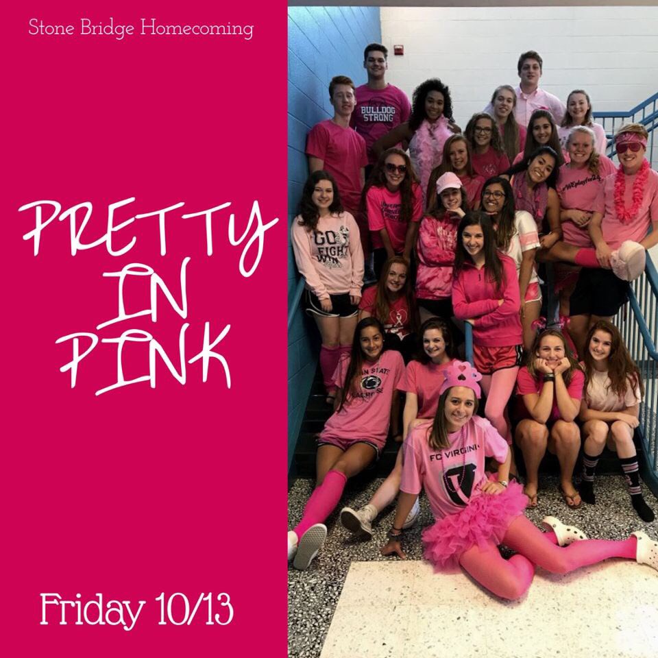 One week until Homecoming spirit week! 
Tues - Decades Day 🕰🕺🏻
Wed - Jersey Day 🏈🏀🏐
Thurs - Character Day🎭👨‍🎨
Fri - Pink Out 🎀