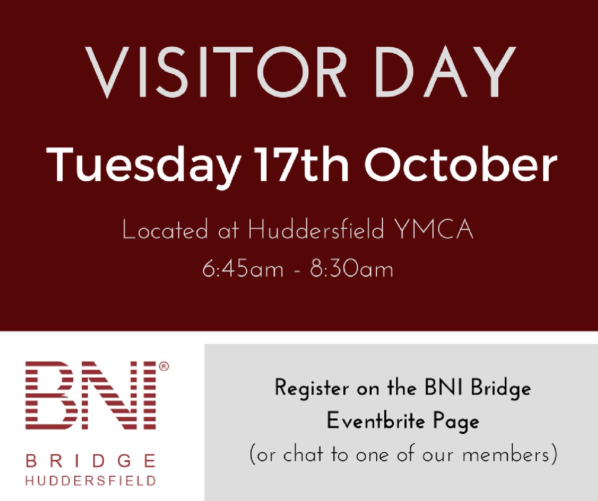 Next Visitor Day at <a href="/BNIBridgeHudds/">BNI Bridge Hudds</a> is on Tue 17th Oct at <a href="/HuddersfieldYM/">Huddersfield YMCA</a>. Find out more &amp; register: eventbrite.co.uk/e/bni-bridge-b… #HuddersfieldIs