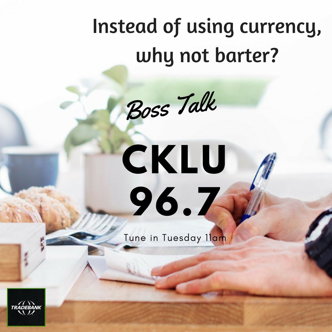 Tune in today at 11am on <a href="/CKLURadio/">CKLU 96.7 FM</a> where I chat about #bartering for #business with <a href="/Tradebank/">Tradebank</a> ! #bosstalksudbury