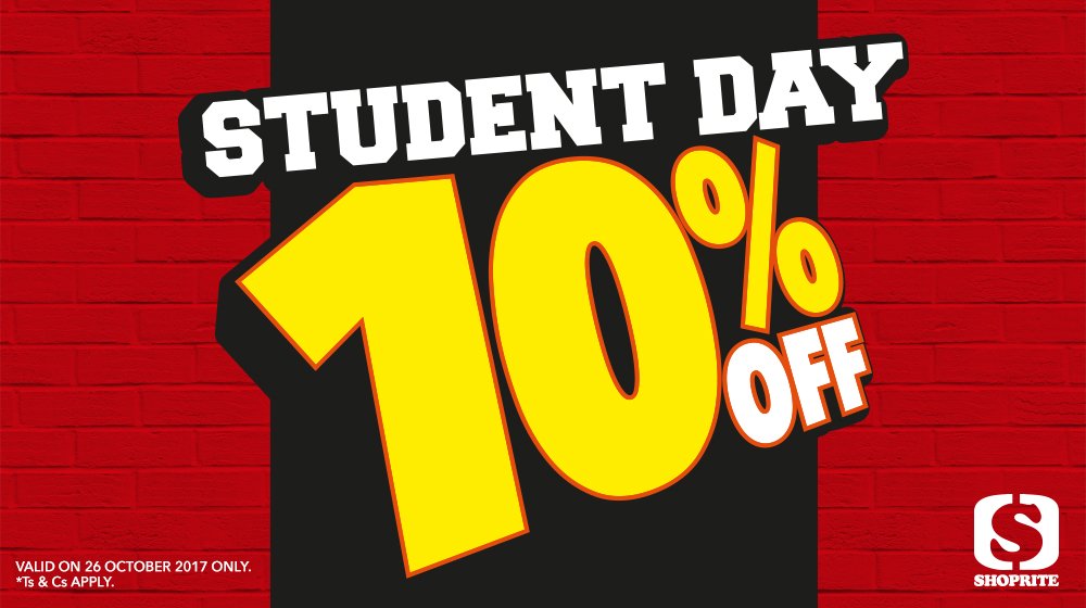 26 October is Student Day at Shoprite.Get 10% off when you spend R1 to R1500! Register today:bit.ly/2fWrmFU
