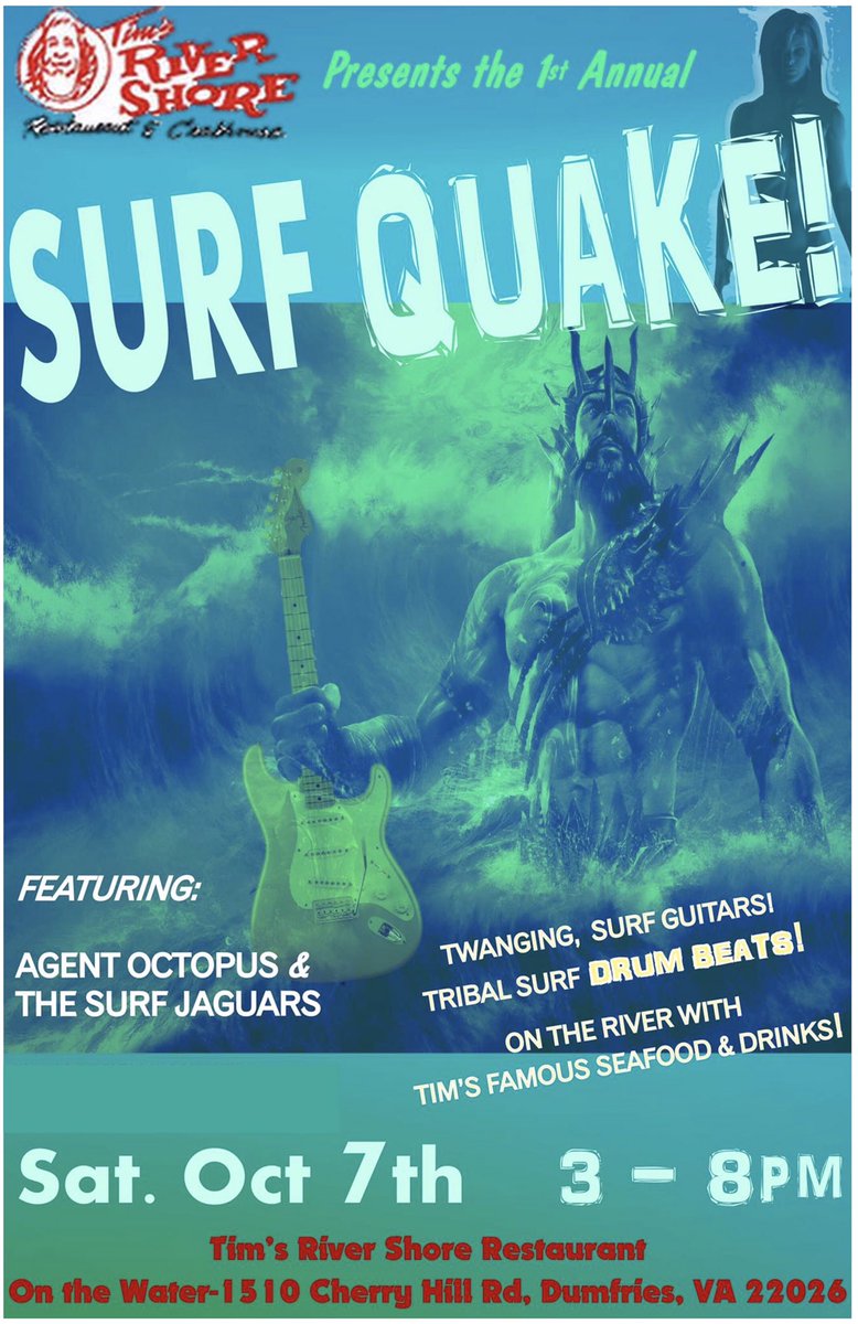 SurfJaguars's tweet photo. Sat Oct 7: two great surf bands: us &amp; @Agent_Octopus1 at @TimsRivershore let's go! #livemusic #seafood #PotomacRiver https://t.co/dMA0TV2M7G https://t.co/jgs2nbnoPK