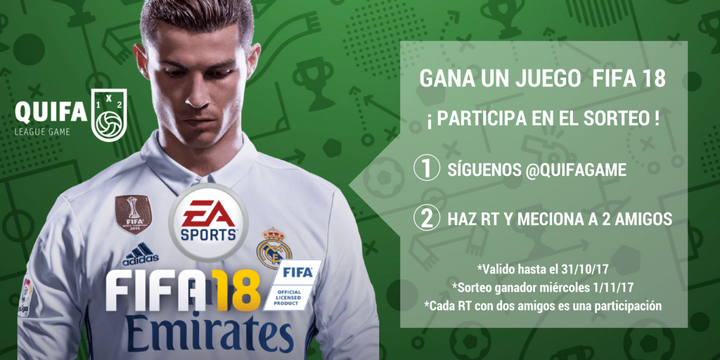 quifagame's tweet photo. Participa y gana un juego #FIFA18
1- Sigue a @quifagame
2- RT y menciona a 2 amigos
https://t.co/MzKfcx4x6U #Quifa #QuifaGame #Futbol #liga https://t.co/9jxg2eaIrm