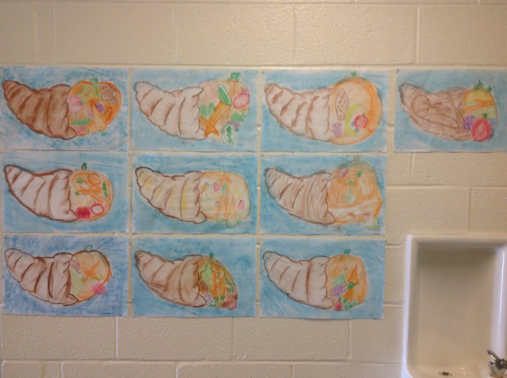 GradeThrees's tweet photo. Getting ready for Thanksgiving by making Cornucopias with oil pastels@MatthewRocks2 https://t.co/HgPcnxOaJS