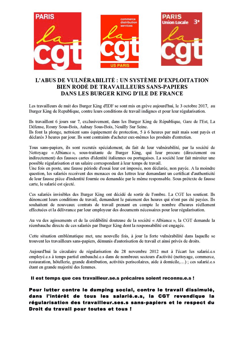 JFPellissier's tweet photo. [BREAKING] Démarrage grève des Travailleurs sans-papiers au #burgerking 23 pl. de la #Republique 75003 #Paris On soutient! 
Communiqué #CGT🔽 https://t.co/XoZHHA4KXB