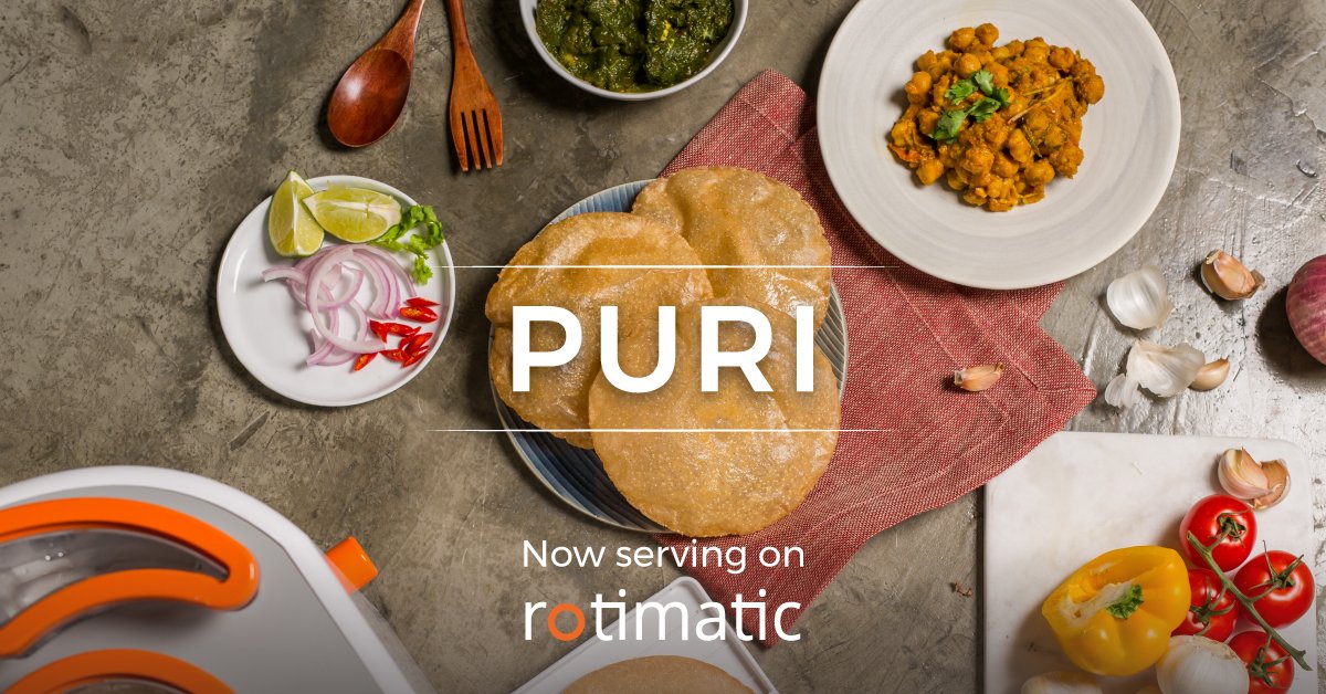rotimatic's tweet photo. The WAIT is FINALLY OVER! Rotimatic is now serving pipping hot PURIS, too! #RotimaticLife Oder your Rotimatic now: https://t.co/KbRgnXUfM5 https://t.co/NbuRNkZfew