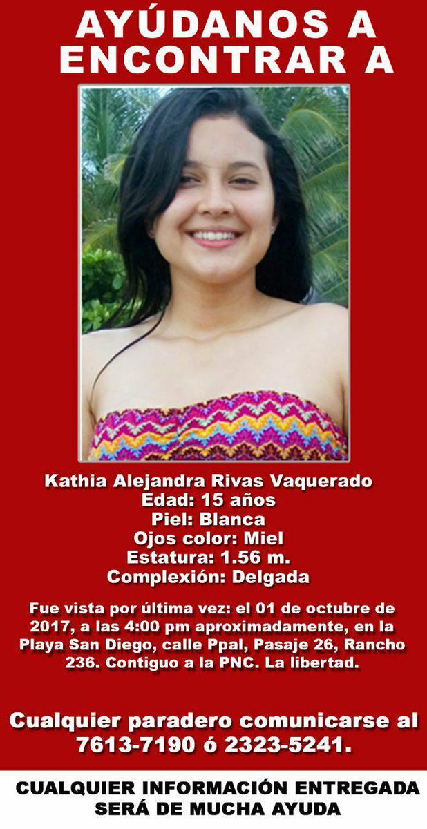 YoReportoSV's tweet photo. #DaleRT
Ayudemos a encontrar a Kathia Alejandra Rivas de 15 años de edad, fue vista por ultima vez en la Playa San Diego.
Info al: 76137190 https://t.co/Fl0DdeaTXi
