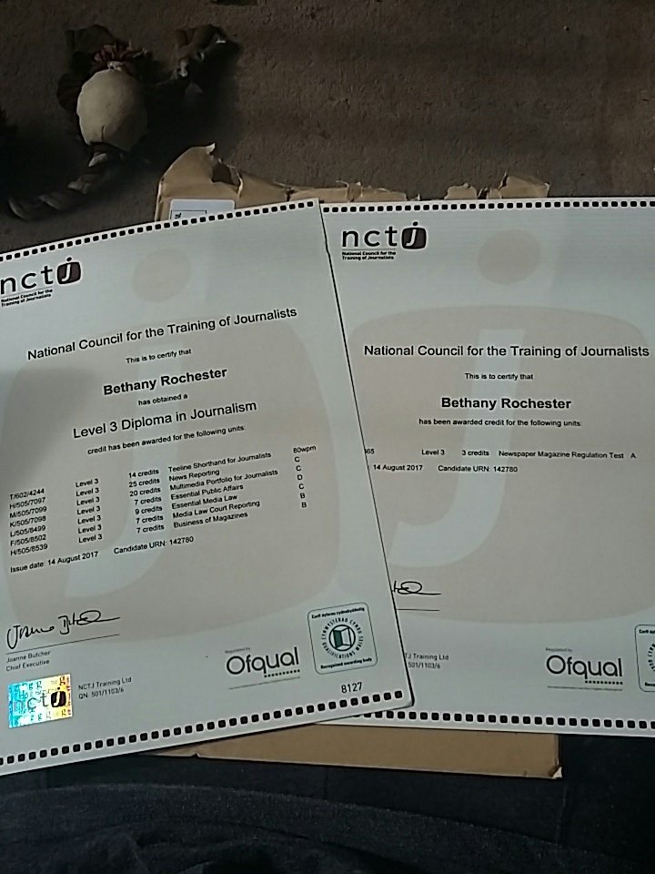 bethrochjourno's tweet photo. My @NCTJ_news certificates have finally arrived! 🎉 https://t.co/NbAF9caidV
