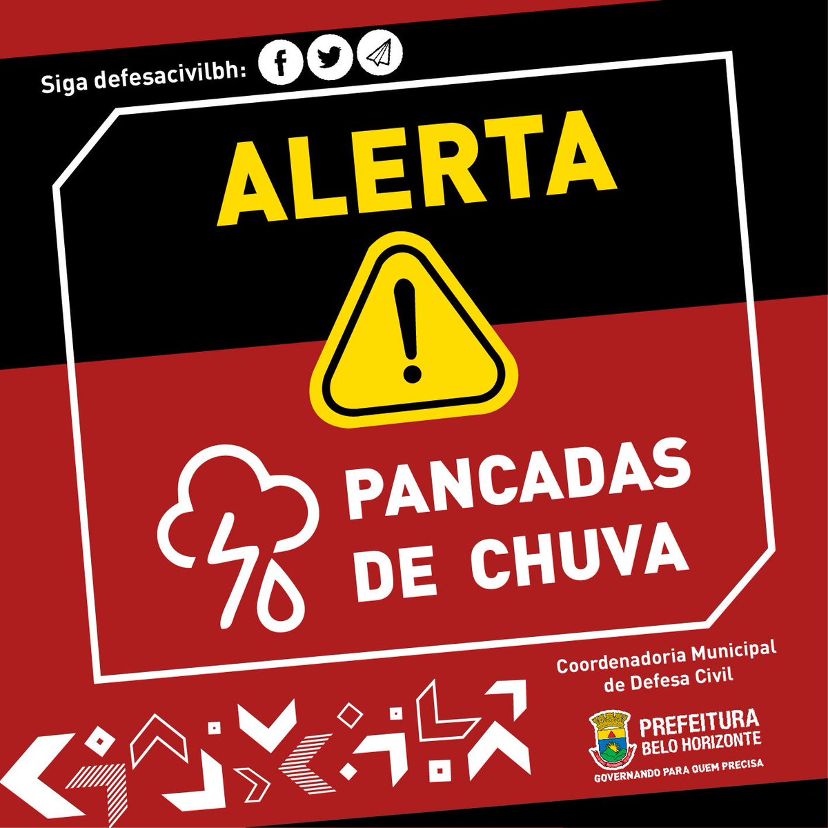 15h40 - Risco de chuvas (30 a 50 mm), com rajadas de vento (em torno de 50 km/h) e raios. Válido até 8h de quarta-feira (4). #BH #ar