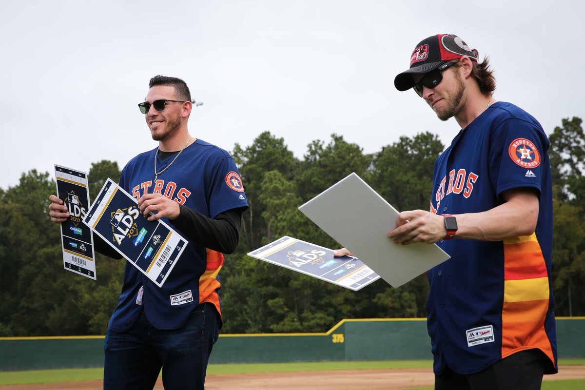 astros's tweet photo. Today, Josh Reddick and Joe Musgrove visited Harvey-impacted Kingwood High School and surprised the baseball team with ALDS tickets! https://t.co/cNRSm5eXK7