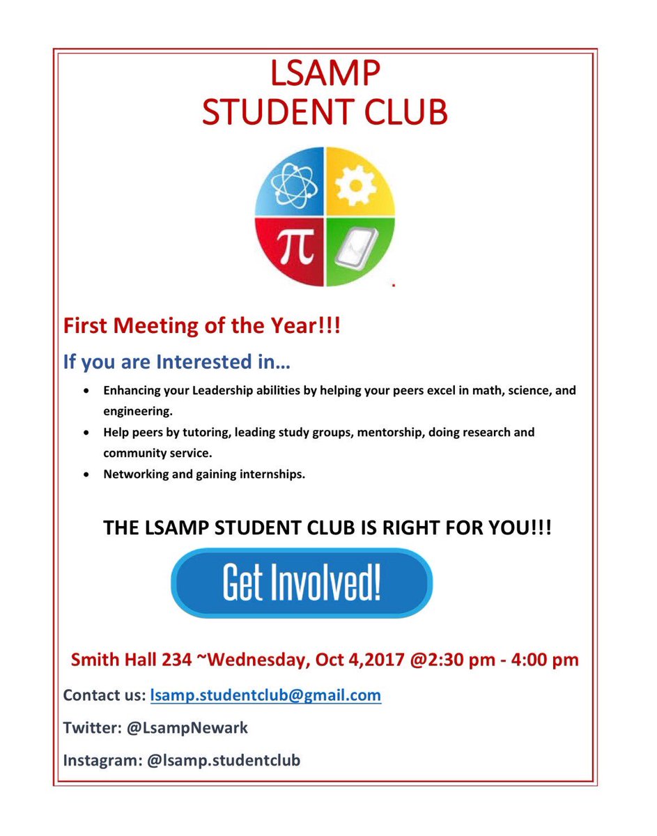First Lsamp meeting of the semester tomorrow in Smith Hall room 234 from 2:30-4. Come and join us tomorrow. Lunch will be served !!!