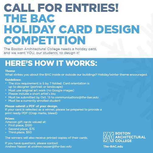 TheBACBoston's tweet photo. Hey #BACstudents! We want you to design this year's #holidaycard; submissions due 10/13
@BACStudentLife https://t.co/dBsLbMlHNd