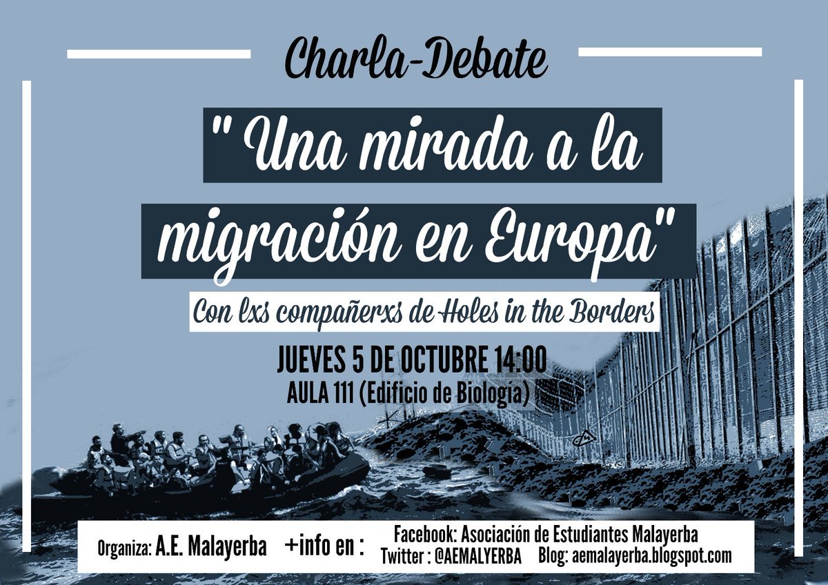 *RECORDATORIO*
Este jueves a las 14:00 en el aula 111 de Bio: charla-debate "Una mirada a la migración en Europa" con <a href="/Holesinborders/">Holes Inthe Borders</a>