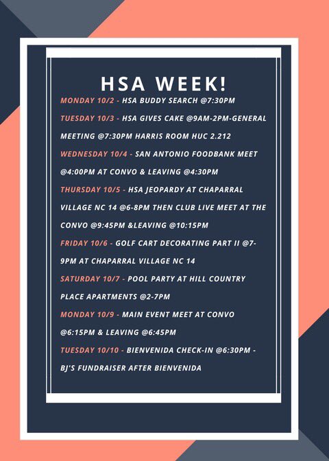 HSAatUTSA's tweet photo. Here are the events that are going on this week for #HSAWeek π€π Hope to see everyone out there! ππ€π½ https://t.co/2a7kfWKy75