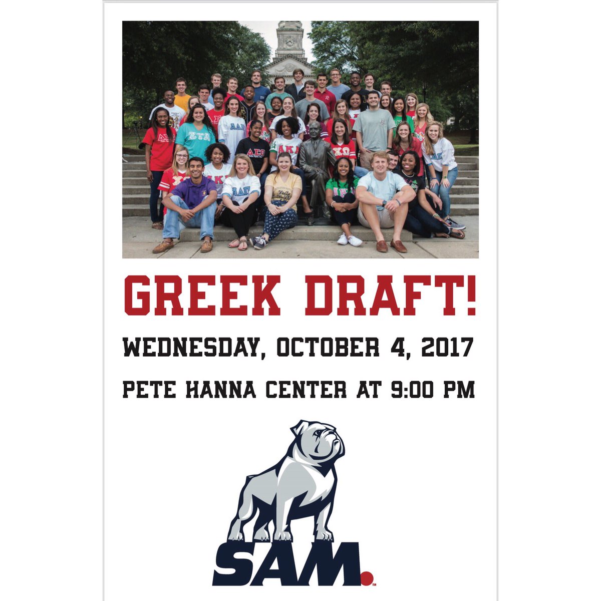 samford_saac's tweet photo. Greek Draft on Wednesday, October 4, 2017 in the Pete Hanna Center at 9:00pm!
See what Sport gets drafted by Samford Greek Life🐾 https://t.co/LJSjzwzcW1