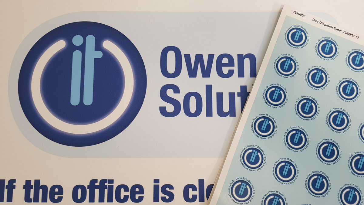 OwenITSolutions's tweet photo. Office signage and branded stickers in from the printer. #brandawareness #loveyourlogo #ITsupport #computerrepair #Bristol https://t.co/U8r6yfasQW