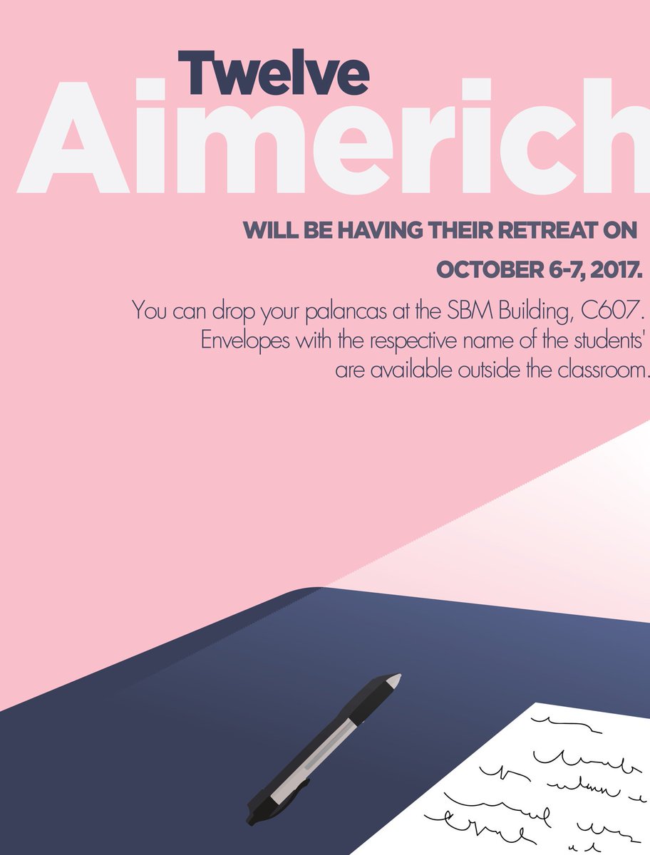 XIIAimerich's tweet photo. Grade 12 - Fr. Aimerich will be having their retreat this October 6-7, 2017. You may drop your palancas at C607, SBM Building. https://t.co/UnPIi1leJZ