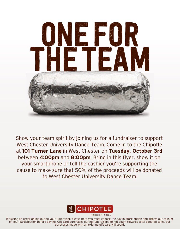 WCUDanceTeam's tweet photo. Come support WCUDT tonight @ Chipotle from 4pm-8pm!! Just show this flyer when you pay🌯🤗 https://t.co/TIXdJe4TQ0