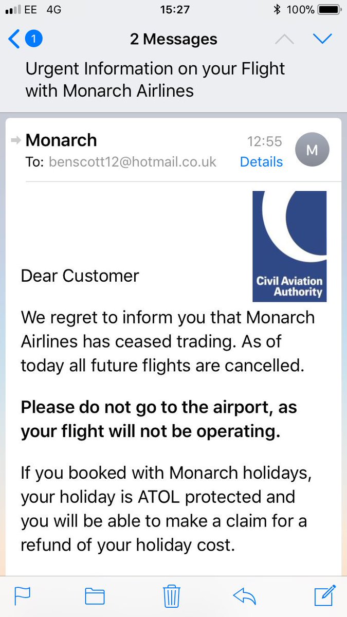 Ben_S_Scott's tweet photo. Only a day late. Already sorted it thanks. #Monarch #CAA PayPal have been very useful @PayPal https://t.co/YI9jJTvySY
