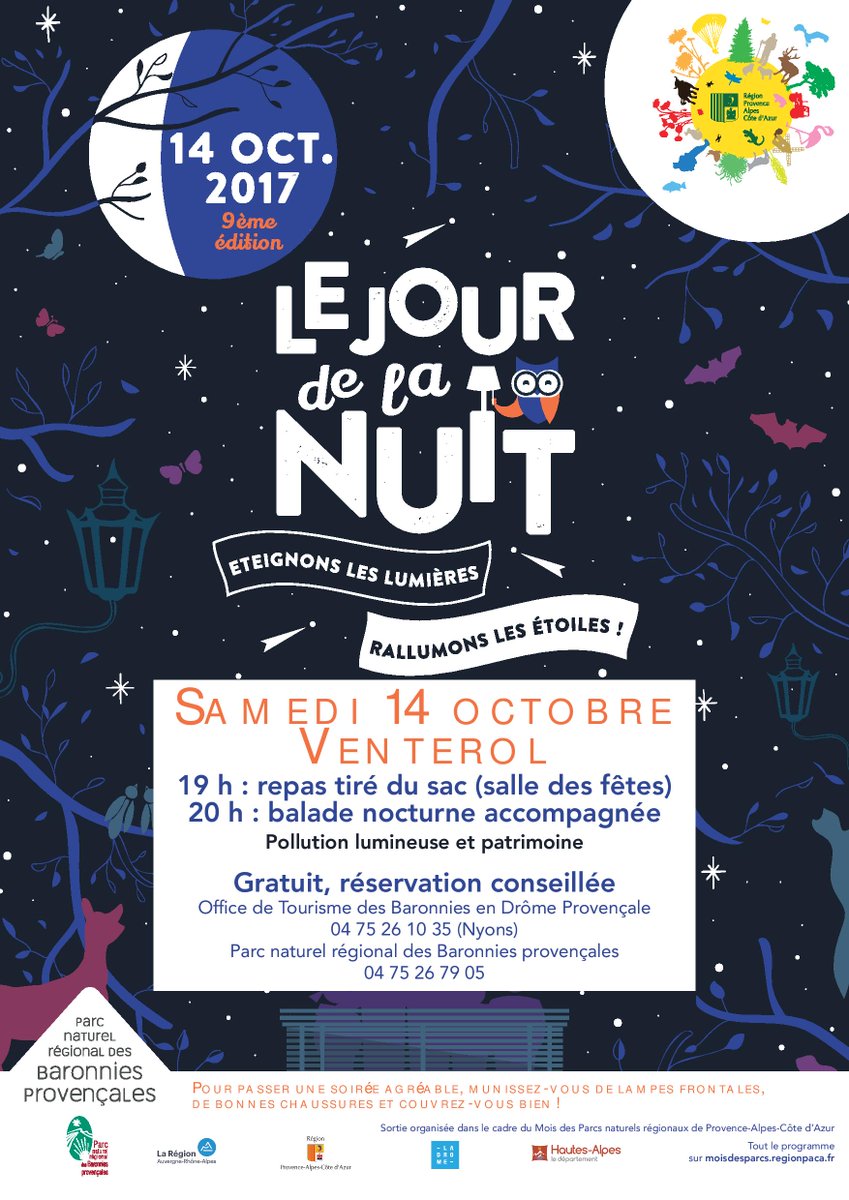 baronniesinfos's tweet photo. 9ème édition de #Lejourdelanuit ce 14 octobre à #Venterol organisée par le @pnr_baronnies ! Réservation à l'office de tourisme de Nyons. https://t.co/3qMPFFUhWC