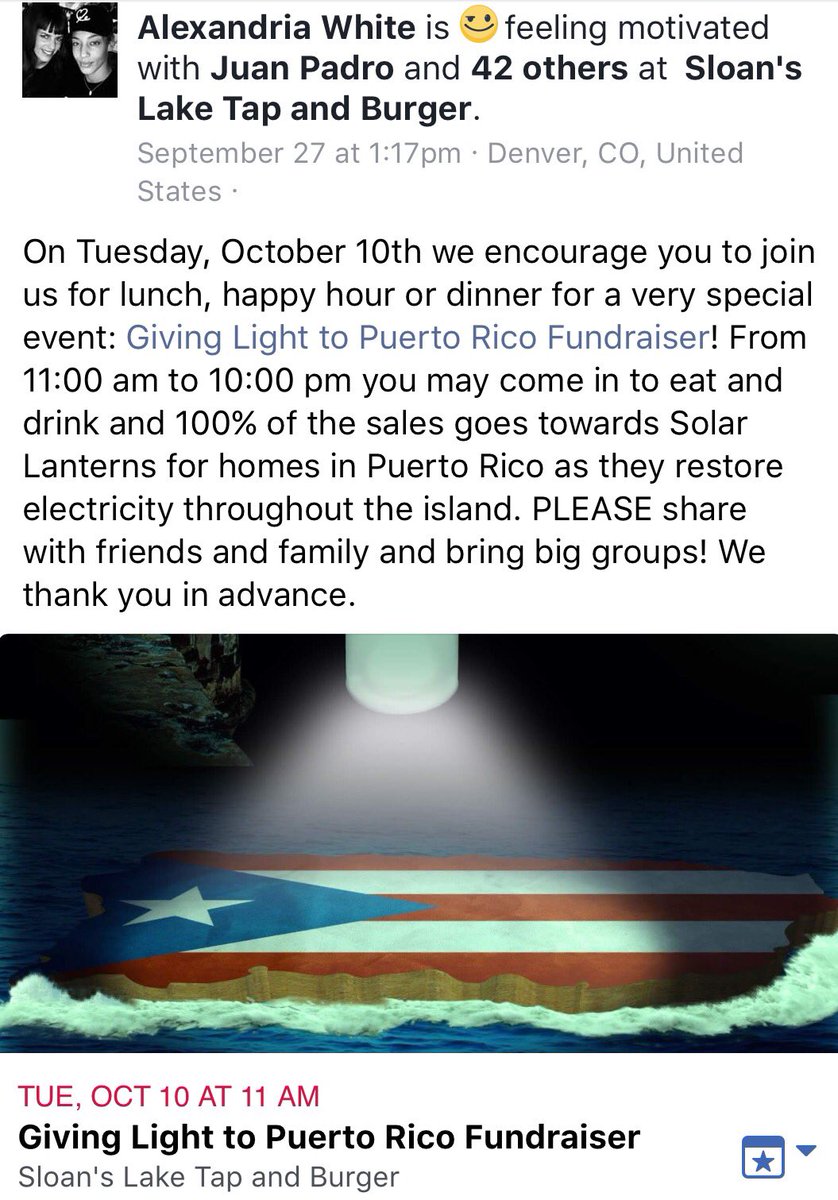Help Puerto Rico 10/10/2017 at <a href="/SloansTandB/">Sloan's Tap & Burger</a> as 100% of sales go to helping the island rebuild. #Denver #Colorado #PuertoRico