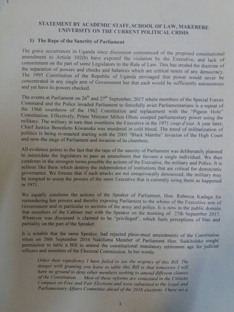 kizzabesigye1's tweet photo. Law Profs &amp;Lectures of Makerere University condemn idea &amp;manner of amending Art 102b. Call on citizens to rise in its defence! BRAVO! @nbstv https://t.co/iXWZT8pywC
