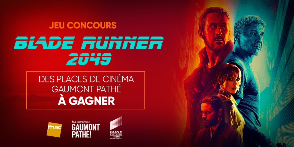 Fnac's tweet photo. JEU CONCOURS: RT + Follow @Fnac pour tenter de gagner des places de cinéma pour le film #BladeRunner2049 !  >> https://t.co/sFYePr0dWL https://t.co/pKBoZYl38u