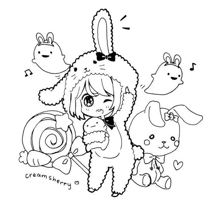 #inktober day 3: Cream-Chan in a fluffy bunny #kigurumi! ?? インクトーバー3日目、ウサギのきぐるみを着たクリームちゃん!うさ耳をしているおばけちゃんたちはお気に入りです(*'꒳`*) 