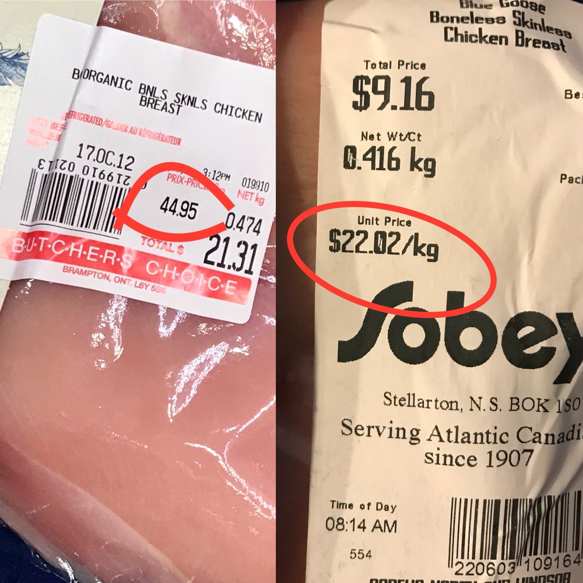 lushwinebag's tweet photo. If you buy @bgpurefoods #organic #chicken make sure you buy It from @sobeys. Over $20/kg MORE expensive at Superstore. $21 for 2 breasts 🙀 https://t.co/IxURA407YR