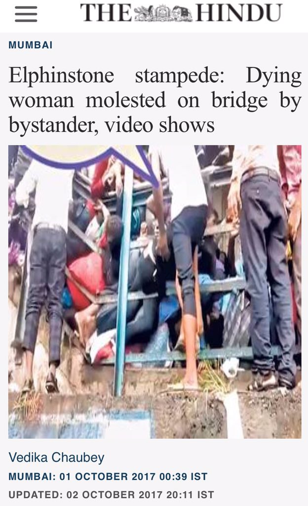 ShefVaidya's tweet photo. Shame on @the_hindu for making up a fake molestation story on the Elphinstone Road tragedy. Vedika Chaube should be behind bars! https://t.co/CvHsej5uIV