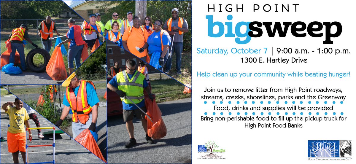 CityofHighPoint's tweet photo. Looking for something to do Saturday? We've got 2 options!
1) Volunteer at the #BigSweep: https://t.co/yQc2fQHxSr
#KeepHighPointBeautiful https://t.co/JI1vjDUydw