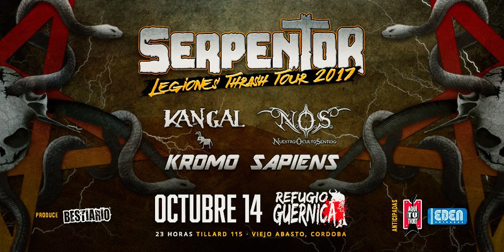 <a href="/serpentorthrash/">SERPENTOR</a> se presenta este 14.10 junto a <a href="/KangalOficial/">Kangal</a> <a href="/nosmetal/">NuestroOcultoSentido</a> y <a href="/kromosapiens/">KROMOSAPIENS </a> Entradas en venta en <a href="/edenentradas/">Edén Entradas</a> y <a href="/AquiTuTicket/">AquiTuTicket</a>