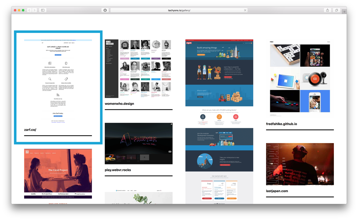 zarf.co is featured in the <a href="/tachyons_css/">Tachyons</a>'s gallery!

tachyons.io/gallery/