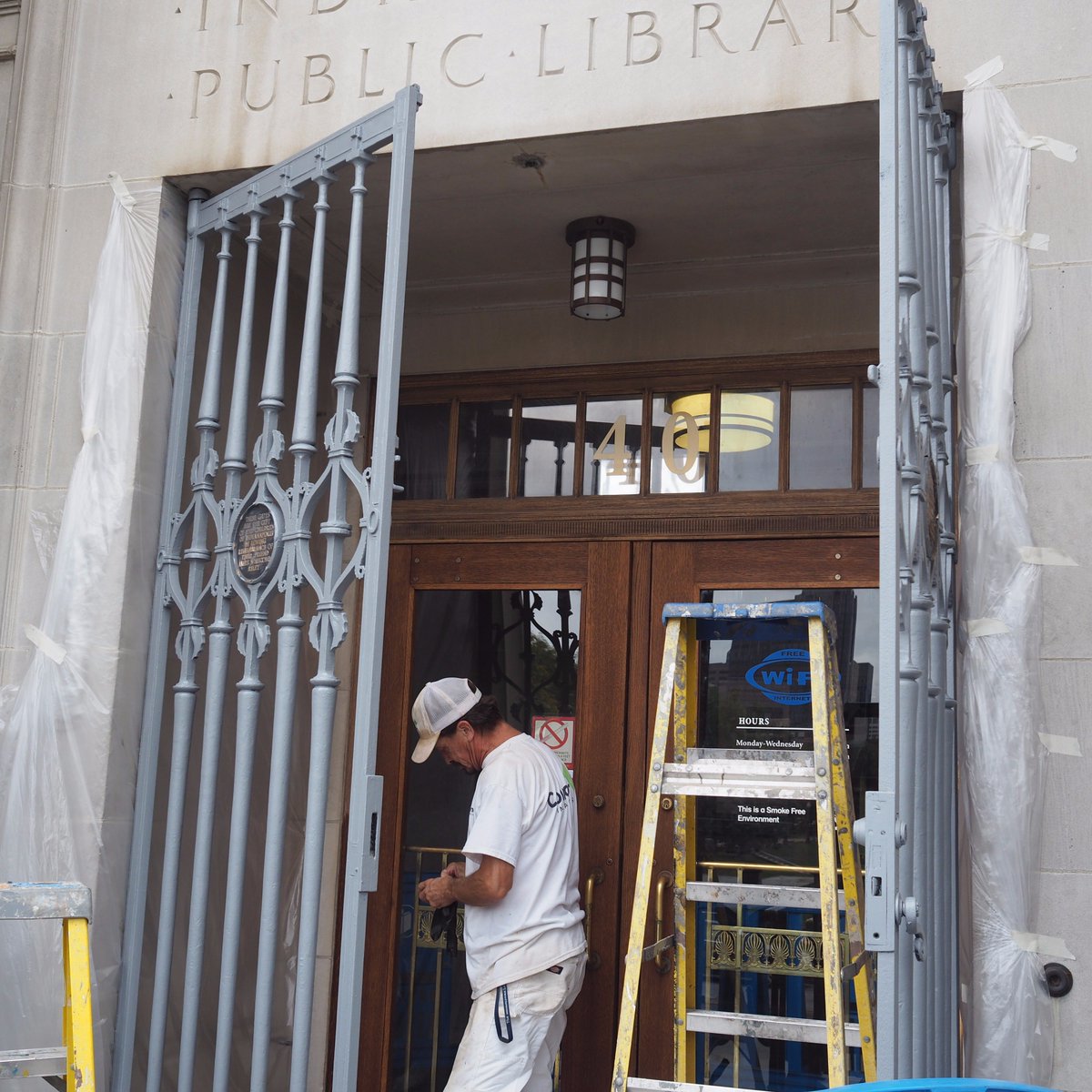 We're restoring the Penny Gates at Central to their original glory! These gates were purchased in honor of James Whitcomb Riley by Indianapolis school children who donated pennies! #indycentral100