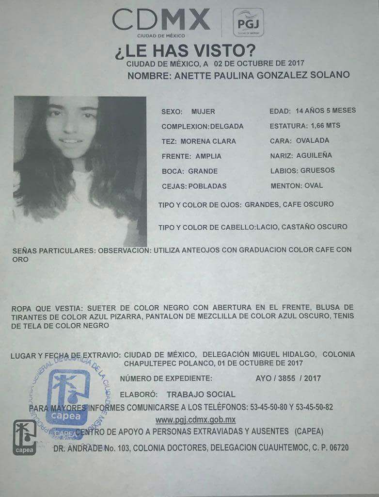 Anette Paulina Gonzalez Solano de 14 años, desapareció el 1 de octubre en  la #MiguelHidalgo, #CdMx @JerrxG13