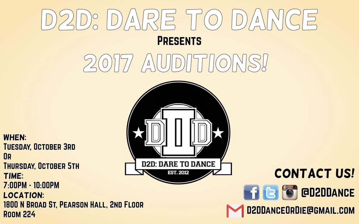 D2Ddance's tweet photo. CALLING ALL STYLES OF DANCERS π£π£π£ AUDITIONS ARE TODAY FROM 7PM-10PM! #temple18 #temple19 #temple20 #temple21 #templeuniversity https://t.co/U16GHXDBQ0
