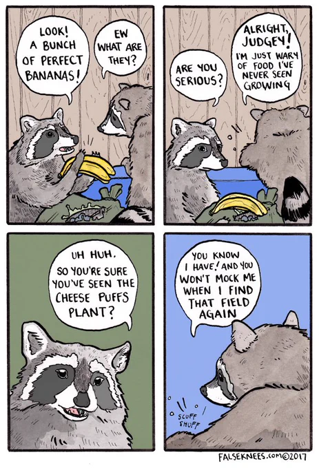 I will now be uploading two comics per week! You can thank my supporters on Patreon for that.

https://t.co/JfDOS9L6GA #falseknees #raccoon #cheesepuff 