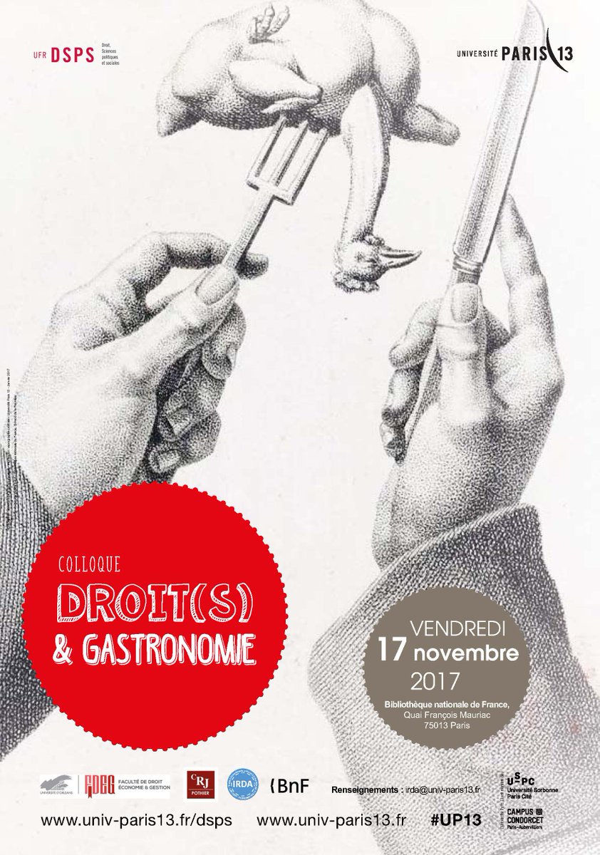 univdroit_03's tweet photo. [Colloque] 17/11 Droit(s) et gastronomie @univ_paris13 @laBnF @Univ_Orleans https://t.co/WW8lGUTBFF https://t.co/6M32o0U5mI