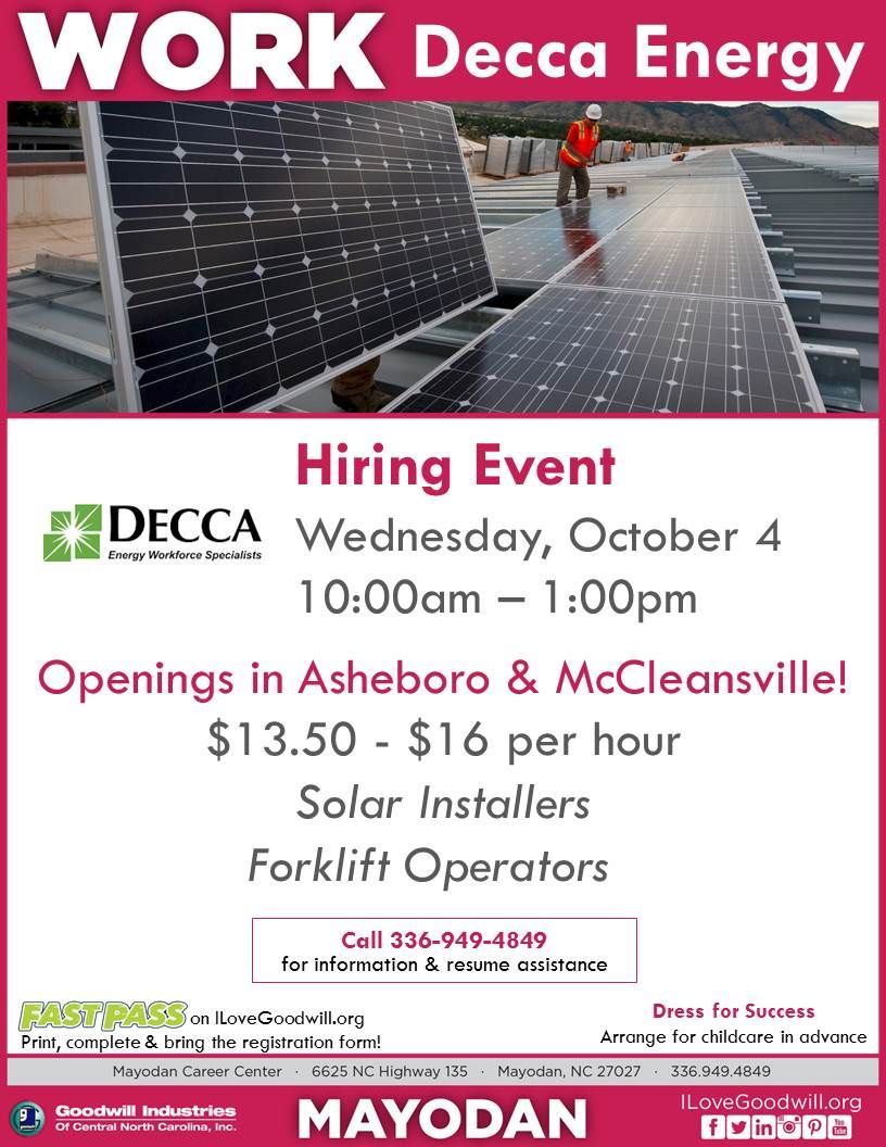 TriadGoodwill's tweet photo. Experienced #Forklift Operator or #Solar Installer? @DeccaEnergy will be at our #Mayodan Career Center TOMORROW! https://t.co/IQm8GRvw9C https://t.co/ckIbmYDBUn